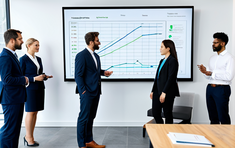 A diverse group of professionals, fully clothed in modest business suits, gathered around a large interactive digital screen in a modern, collaborative office space. They are engaged in an insightful discussion, connecting complex data points and sharing ideas, symbolizing the breaking of information silos. The scene is well-lit, with a clean and organized aesthetic. Perfect anatomy, correct proportions, natural poses, well-formed hands, proper finger count, natural body proportions. Professional photography, high resolution, realistic, appropriate content, safe for work, professional dress, family-friendly.