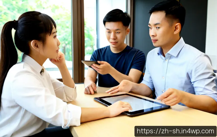 조직의 혁신과 지식 갭 - Photorealistic modern office meeting showing organizational innovation and a knowledge gap: an exper...