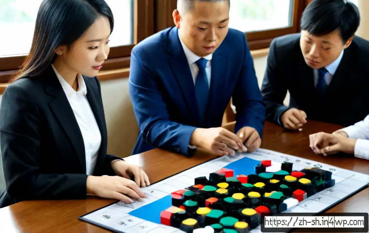 지식 갭 식별과 조직의 목표 정렬 - Photorealistic modern strategy workshop, diverse business team gathered around a large clean table, ...